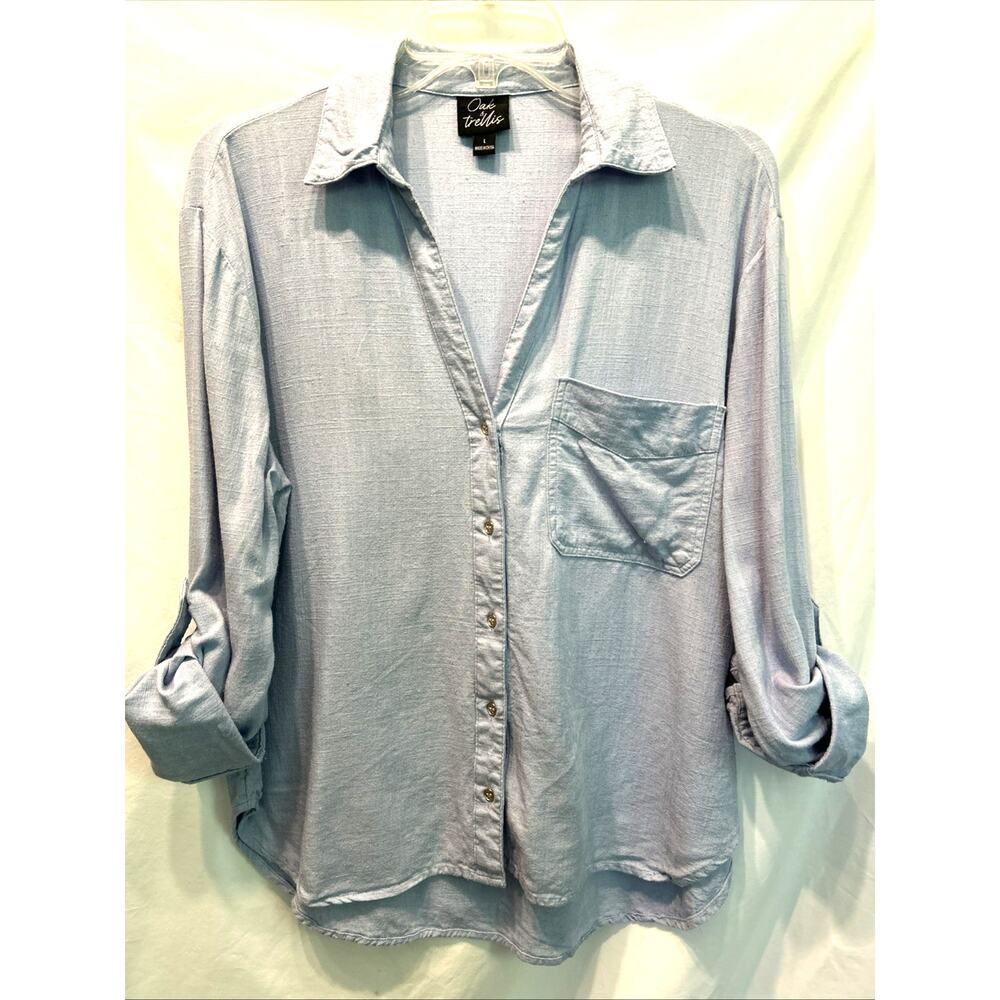 Oak & Trellis Women’s Large Linen Blend Blouse Blue V-Neck Roll Tab Sleeve Beach